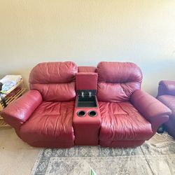 Red leather reclining couch & love seat