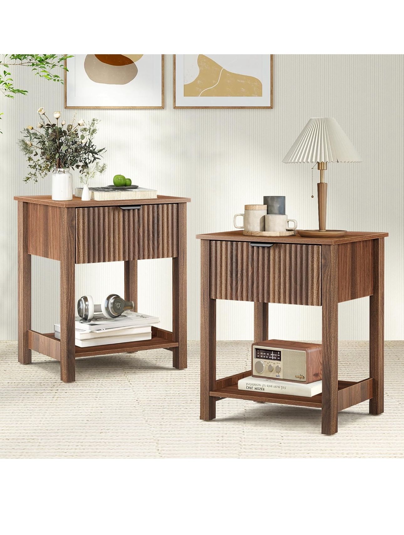 Mid Century Modern Night Stand with Drawer, Farmhouse Nightstand for Bedroom, Small End Table with Storage, Living Room/Bed Side Table for Small Space