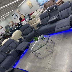 Power Recliner Sofa Set 💙 Dark Blue Color 