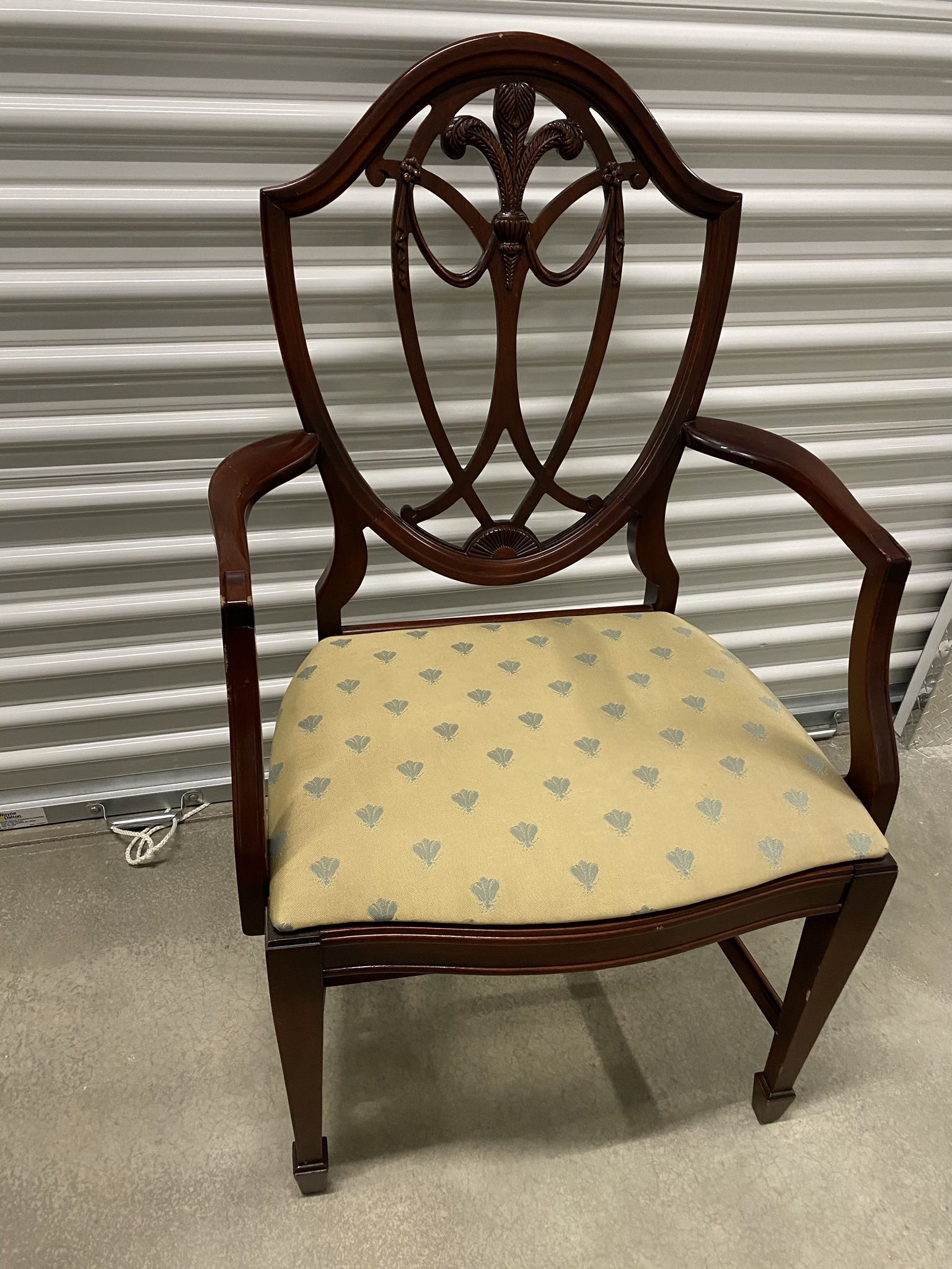 Vintage carved shield back brocade chair 