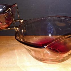 MCM Vintage 3 Pieces Umbre Clear To Burgundy Bowl, Dip Bowl, Gold Metal Hanger.