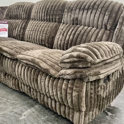 Brown Sofa + Loveseat With Reclining Seats & Storage Console With Cup Holders