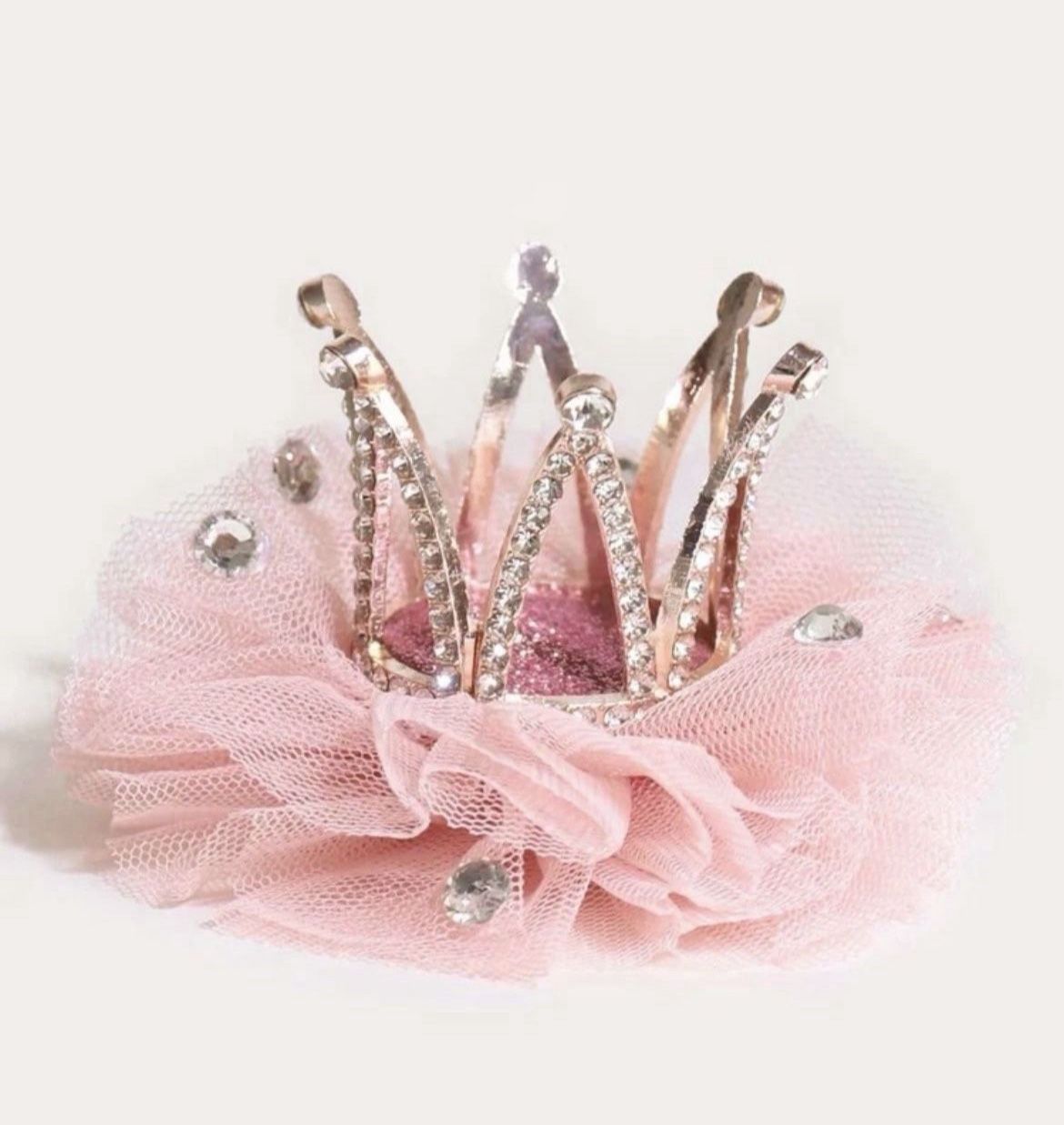 Girls Rhinestone Adorned Pink Mesh Crown Hair Clip Accessory