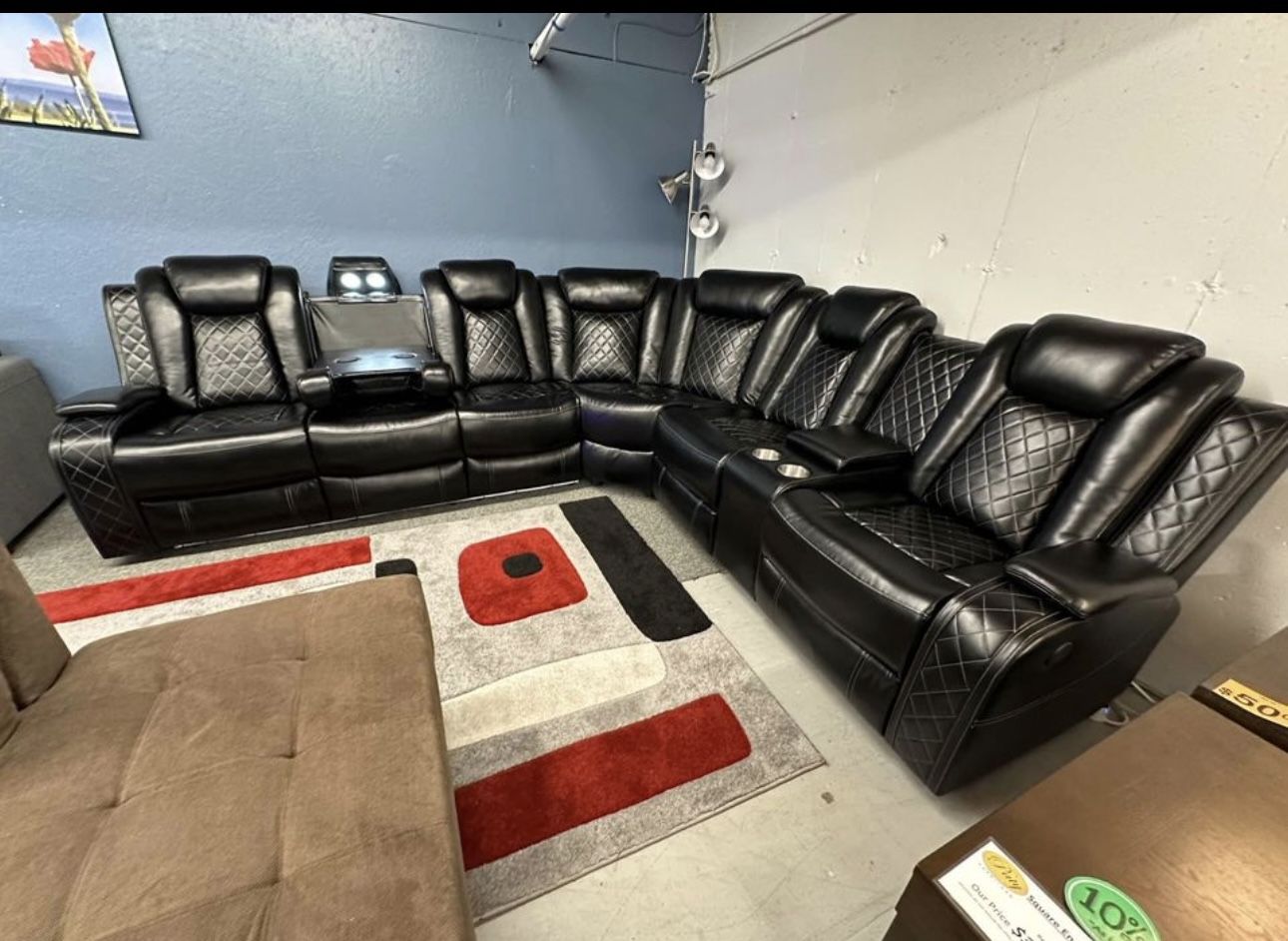 Power Electric Black Leather Fully Reclining Sectional Couch