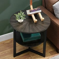 Round Industrial End Table, 2-Tier 25" Metal Frame Round Accent Side Table with Storage Shelf Solid Wood Circle Bedside Tabletop Nightstand for Home L