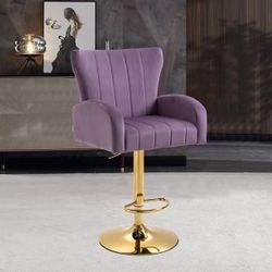 Velvet 360°Swivel Bar Stool, ONLY 1-Modern Adjustable Counter Height Dining Chair with Backrest and Footrest, for Restaurant, Bar, Cafe, Purple