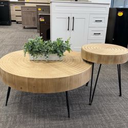 Brand New✨2-Piece Round Nesting Coffee Table Set, Natural Wood Top with Black Metal Legs, Ring Pattern, Rustic Farmhouse Accent for Living Room or Be