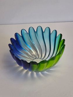Studio Nova Walther Glas Solaris Art Glass Petal Bowl Blue Green Swirl 6" Ombre