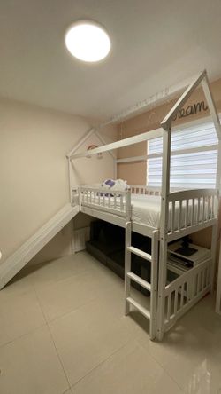 Twin Size House Loft Bed with Slide for Kids, Wood Bedroom Bedfram w/Full-Length Guardrail, No Box Spring Need, White
