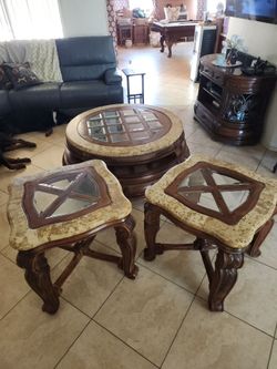 Oak, Marble and Glass Tables