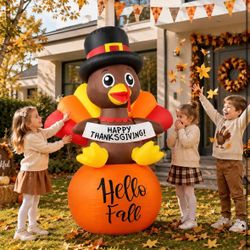 ššš 6FT Inflatable Thanksgiving Turkey on Pumpkin - Built-in LED Lights