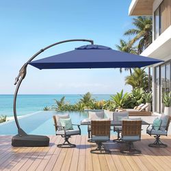 patio 10x10 FT Patio Cantilever Umbrella with Base Outdoor Large Square Tilting Offset Umbrellas for Poolside Deck (Navy Blue, 10x10 FT)