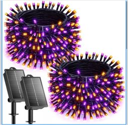 Brightown 2 Pack Solar Halloween Lights, 144ft 400 LED, Orange & Purple 16+ Hrs Runtime Solar String Lights Outdoor Waterproof with 8 Modes & Auto On/