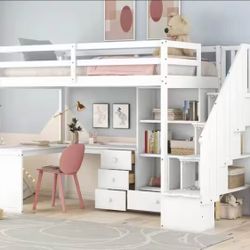 Polibi Twin Size Loft Bed with L-Shaped Desk and Drawers, Cabinet and Storage Staircase, White