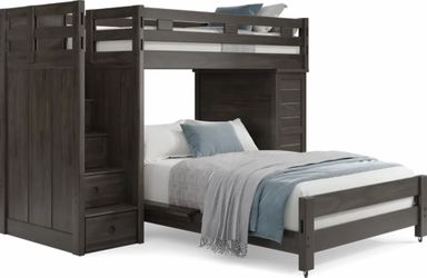 Twin Over Full Loft Bed w/ Stair Storage + Desk Area – Dark Wood – COMPLETE