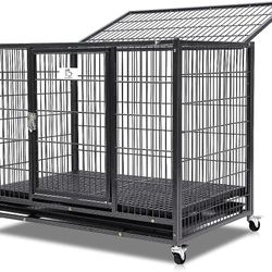 Pet 37 inch Heavy Duty Dog Crate, Extra Strong Dog Cage for Medium Dog, Indoor High Anxiety Double Door Dog Crate on Wheels with Removable