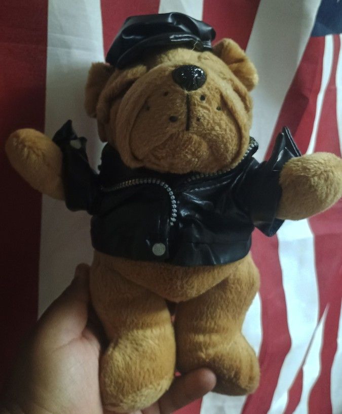 Stuffed Bulldog In A Leather Jacket And Hat Plushie