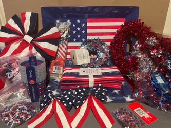 Large Patriotic 4th of July Decor Lot | Wreaths, Bows, Sur La Table, Flags & Party Decorations