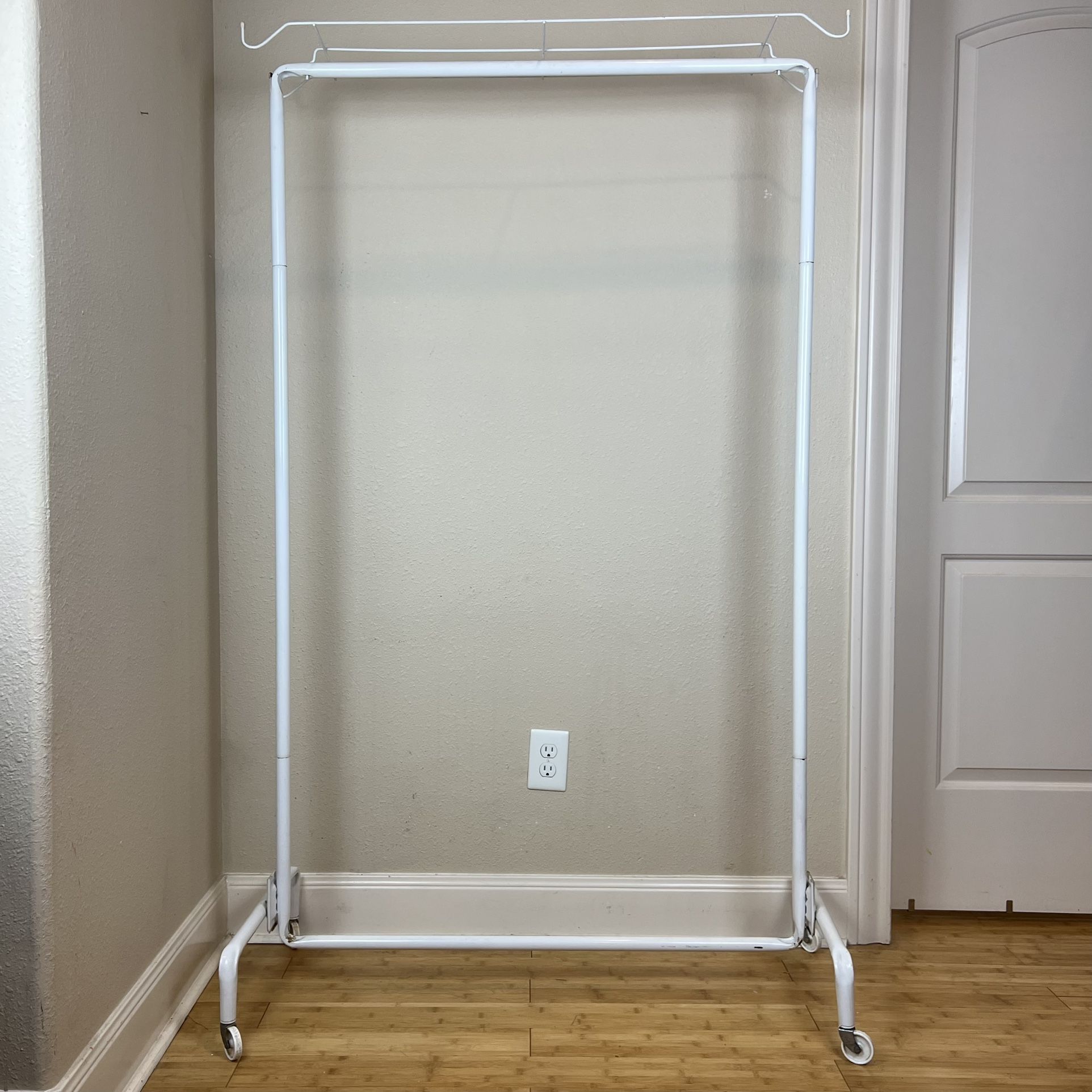 White Metal Rolling Clothing Garment Rack w/ Wheels Hooks Storage Shelf - Closet Clothes Wardrobe