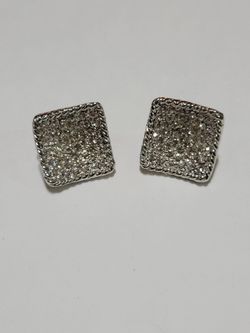 Square Silver-Tone Rhinestone Clip-On Earrings