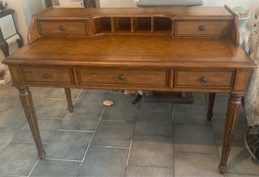 Vintage Wood Secretary Desk with Rattan Inlay