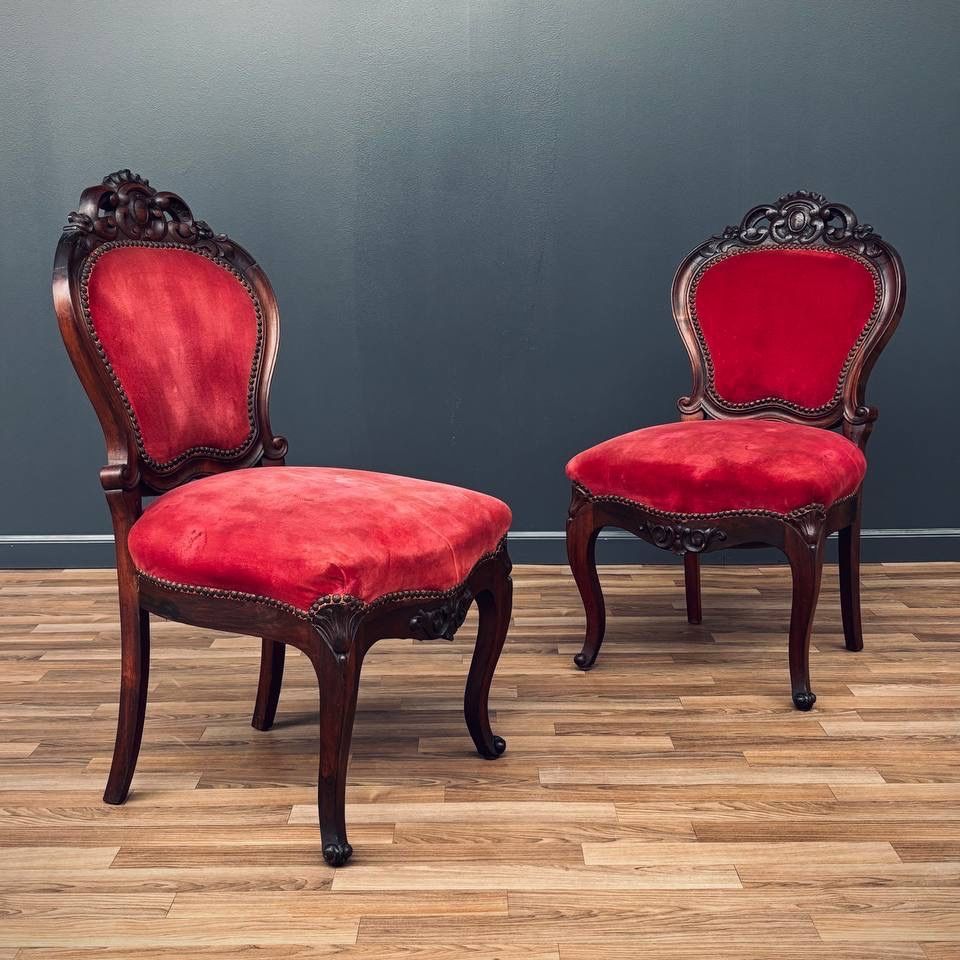 Pair of Victorian Carved Side Chairs with Red Velvet Upholstery, c.1930’s