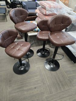Set of 4 Brown Faux Leather Adjustable Swivel Bar Stools
