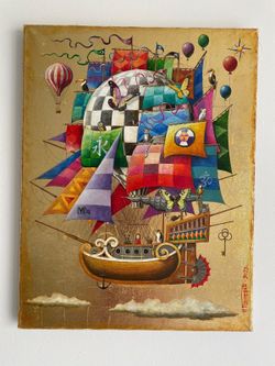 Contemporary Surreal Painting “Korablik" Nikolai Bondarev Gold Canvas Signed New