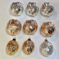 9- Vintage Glass West Germany Christmas Ornaments, Decorations, Walnuts 6 Large 2.5” X 5” Diameter And 3 Smaller 2”x4”diameter 