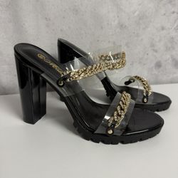 Women’s Clear Strap Black Heels w/ Gold Chain Detail Size 8.5 (New)