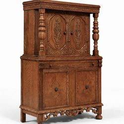 Renaissance Revival Carved Tiger Oak Cabinet w/ Walnut Burl Panels, c.1920's - Delivery Available 