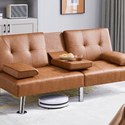 Convertible Faux Leather Couch Sofa Bed – Recliner, Cup Holders, Removable Arms – Great Condition