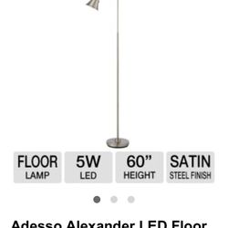 Adesso LED Alexander Floor lamp in satin steel finish. LED bulb lasts the life of the lamp. 60” Tall. BRAND NEW!!!(Oakey & Decatur 89146)