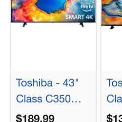 Toshiba - 43" Class C350... Comes with movible Black Glass  stand 
