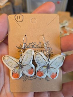 Handmade Clay Orange/White Butterfly earrings