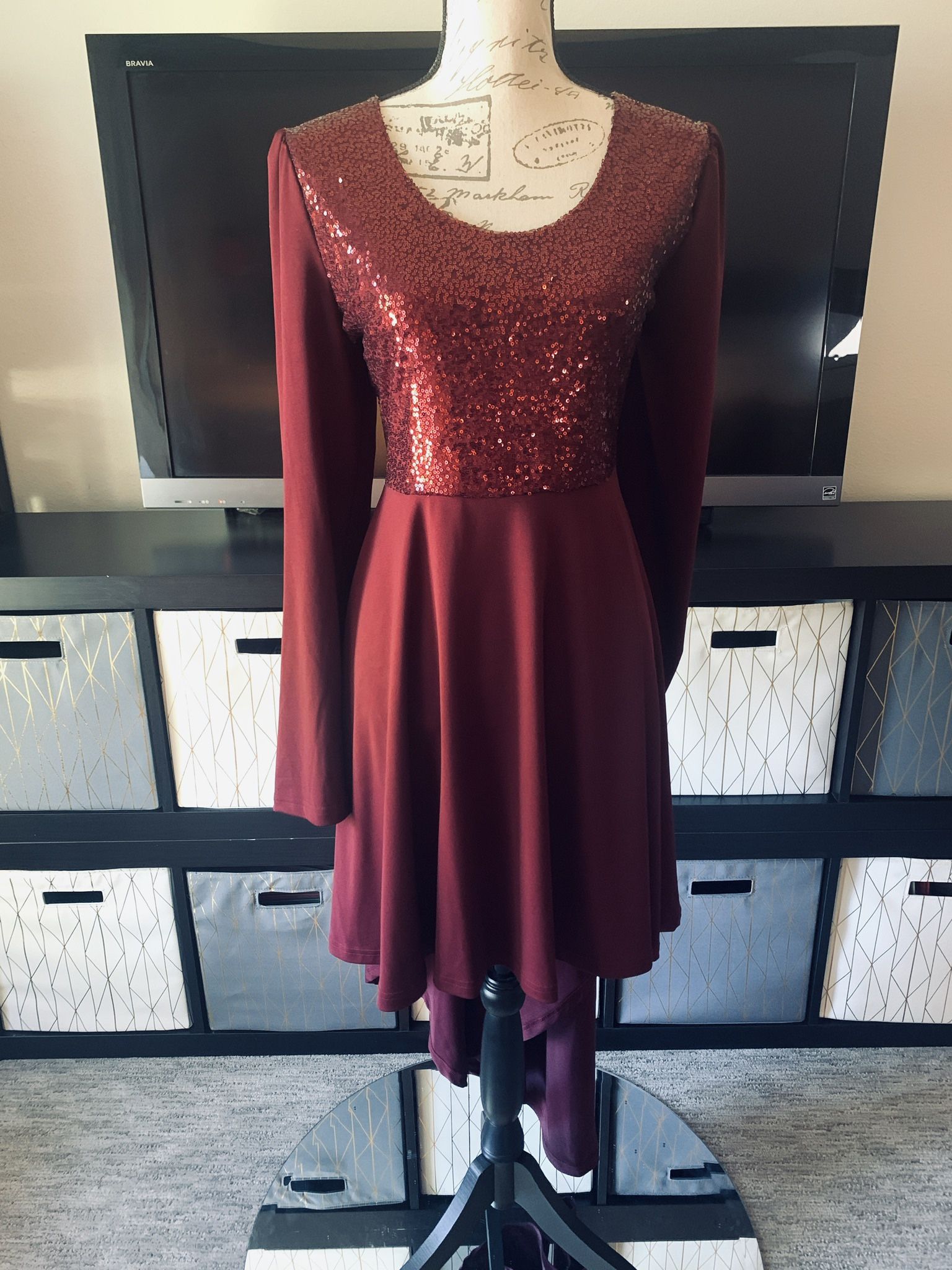 Womens Sequin Embellished High Low Party Dress - Red Wine - Size Large