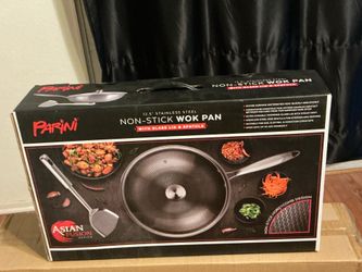 Brand New 12.5" Stainless Steel Non-Stick Wok Pan w/ Glass Lid & Spatula ~ Pickup Chinatown