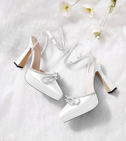 7.5 High Heels Rhinestone Double Bows Heels Pointed Toe Satin Block Pumps
