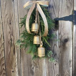Faux Evergreen Swag With 3 Metal Bells, Velvet Ribbon, Handmade