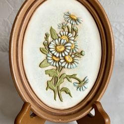Vintage Midcentury Ceramic Wall Plaque With Raised Daisies Design