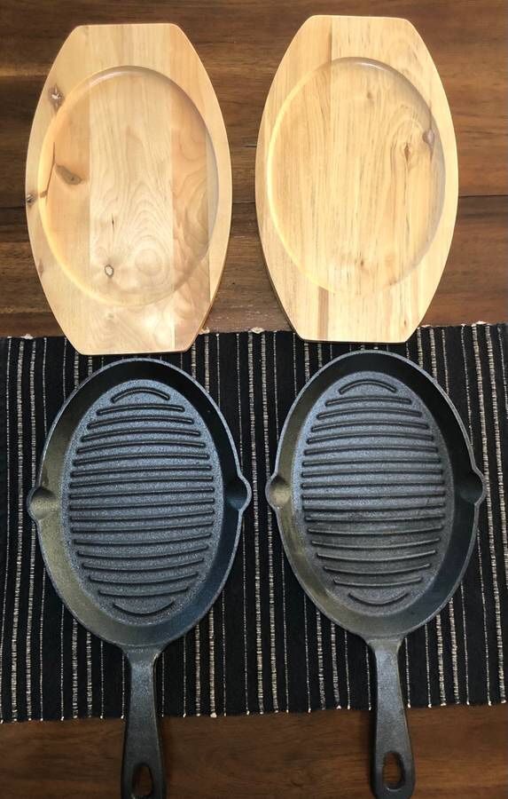 Cast iron skillets with wooden base