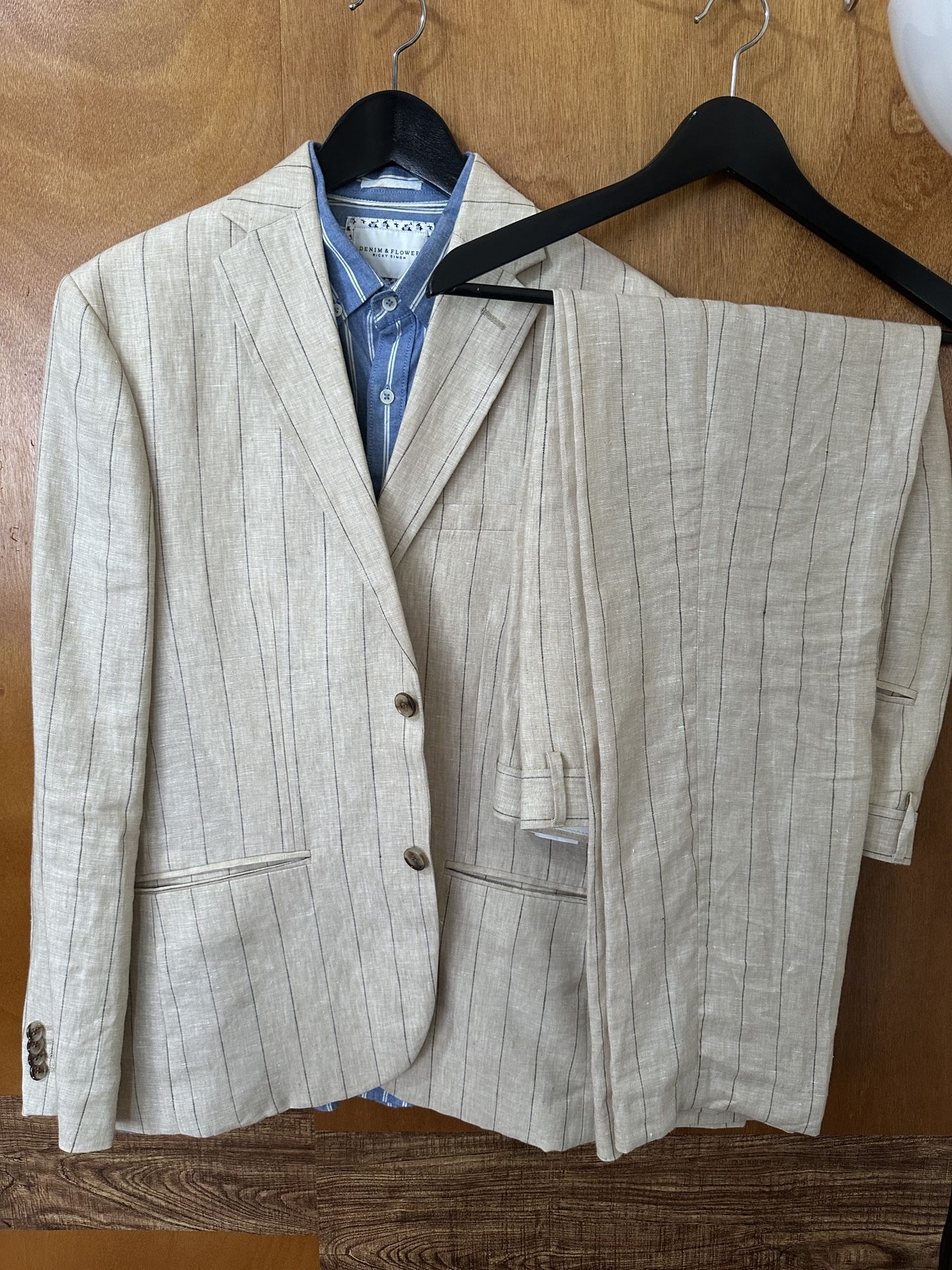 100% Linen Men's Beige Pinstripe Jacket and Pants Set