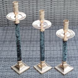 Vtg Brass Graduating Taper Candleholder Made In India Marble Design 