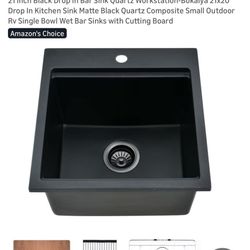 21” Black Quartz Sink With Cutting Board, Rolling Rack And Grill