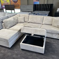 Tan Sectional Couch And Storage Ottoman 