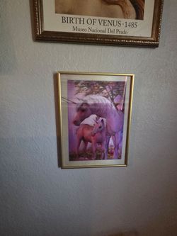 3D Lenticular Poster depicts a magical pink unicorn mare and her foal standing in a dreamy, mist-filled forest.