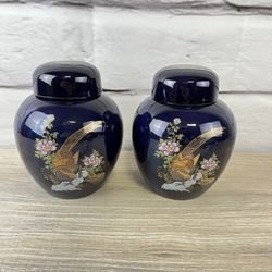 Vintage Blue Asian Pheasant Ginger Jars Lot 2pc