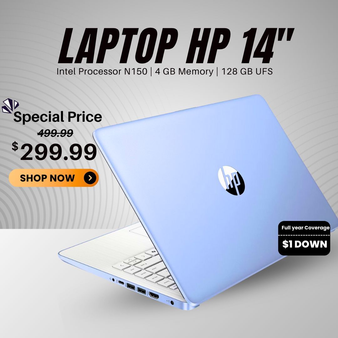 💻 HP 14” Laptop (Nuevo) – Solo $299 o $1 Inicial | Ahorra $200 + 1 Año de Garantía