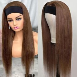 Headband Straight Brown Human Hair Wig 16"