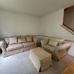  Living room set: Sofa, Chair, Ottoman, and pillows